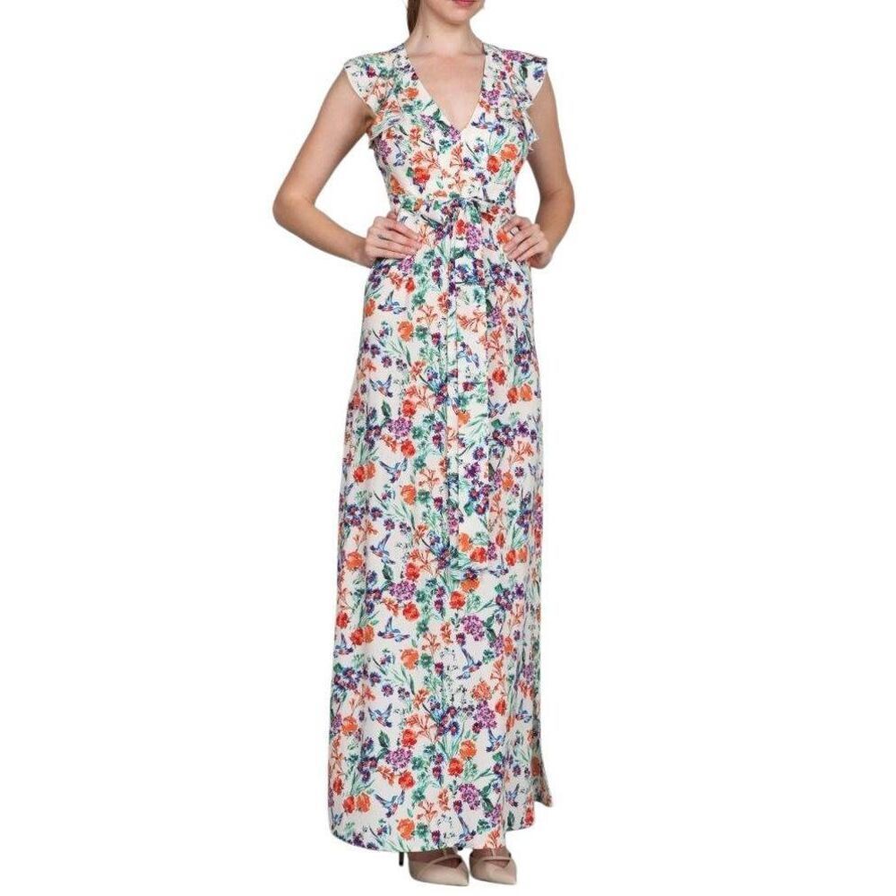 Ark & Co white multicolor bird floral flutter halter maxi dress S (L)